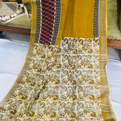 Mustard Linen Saree Plain Border