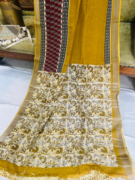 Mustard Linen Saree Plain Border