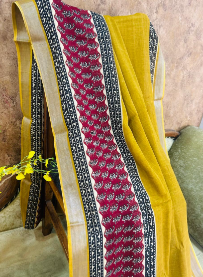 Mustard Linen Saree Plain Border