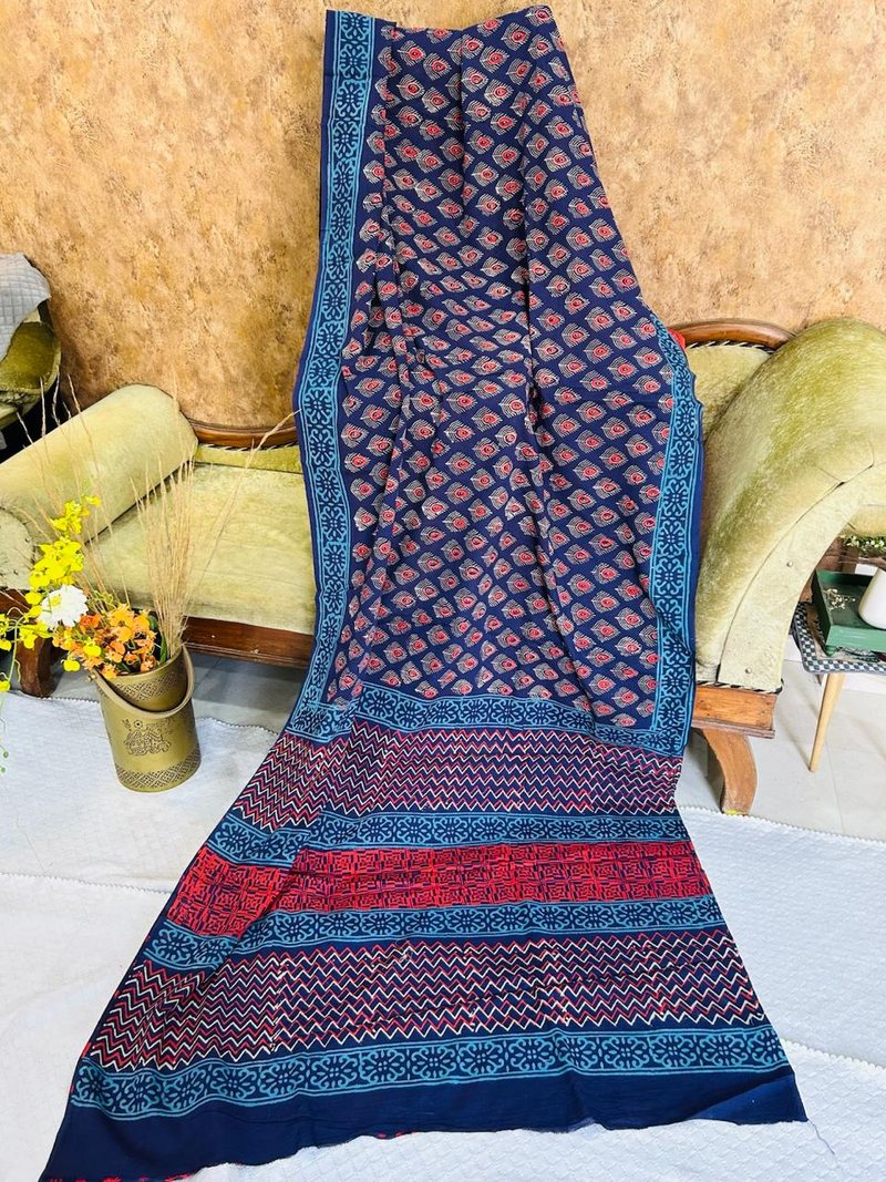 Navy Blue Soft Cotton Printed Saree