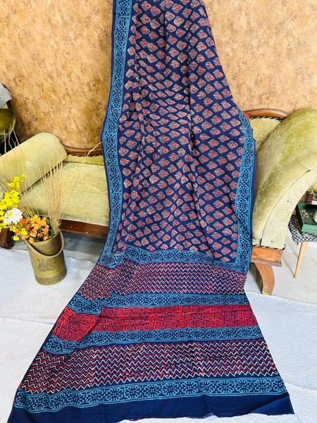 Navy Blue Soft Cotton Printed Saree