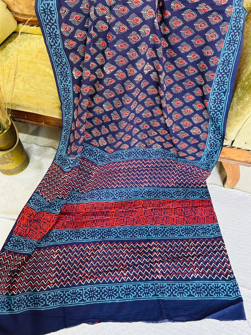 Navy Blue Soft Cotton Printed Saree