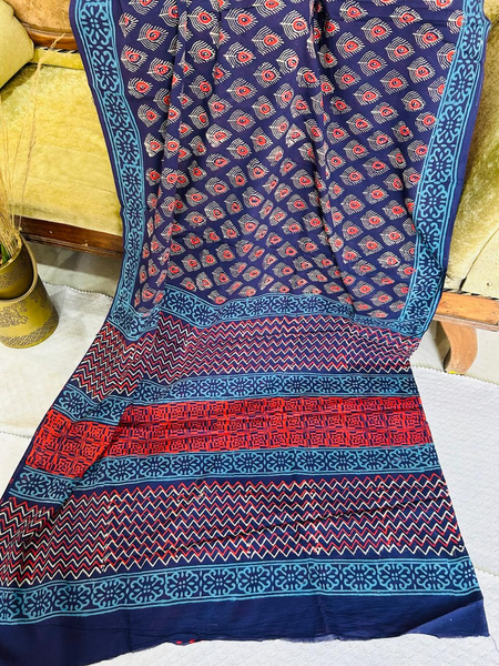 Navy Blue Soft Cotton Printed Saree
