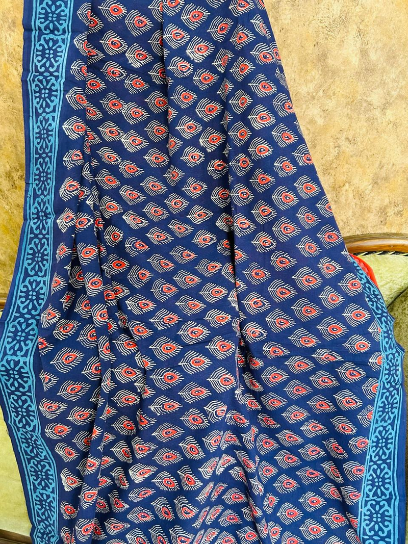 Navy Blue Soft Cotton Printed Saree