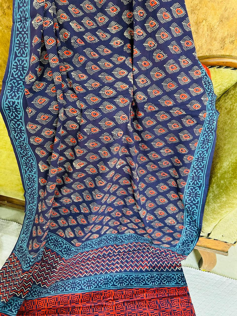 Navy Blue Soft Cotton Printed Saree