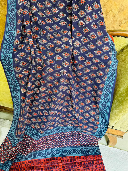 Navy Blue Soft Cotton Printed Saree