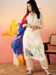 White Suit with Multicolour Dupatta