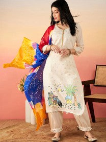 White Suit with Multicolour Dupatta