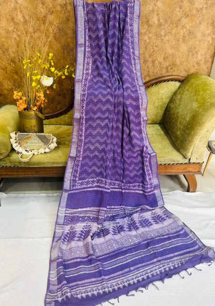 Purple Linen Printed Saree