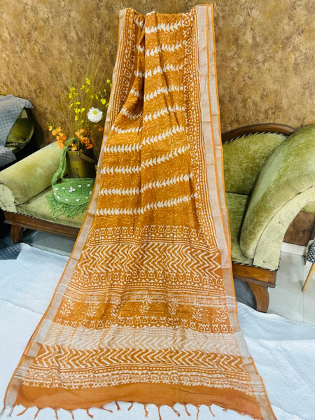 Rust Orange Linen Printed Saree