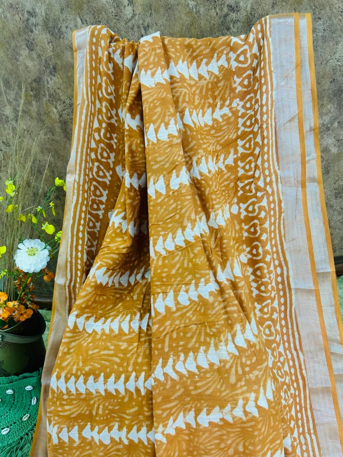 Rust Orange Soft Cotton Printed Saree