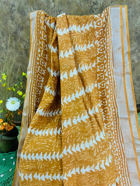 Rust Orange Linen Printed Saree