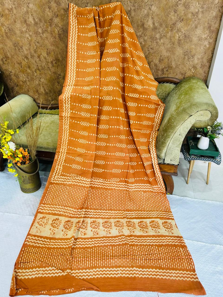 Rust Orange Soft Cotton Printed Saree