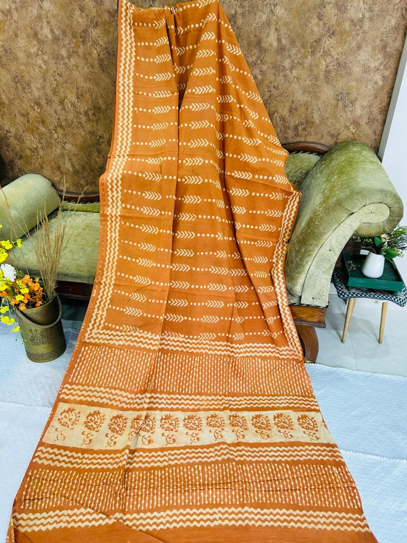 Rust Orange Soft Cotton Printed Saree