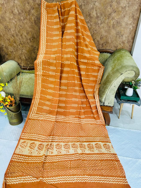 Rust Orange Soft Cotton Printed Saree