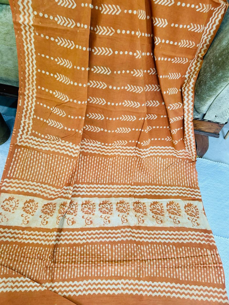Rust Orange Soft Cotton Printed Saree