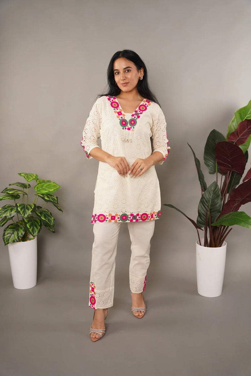Schiffli Embroidered Pure Cotton Top With Trouser Co-ords
