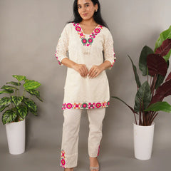 Schiffli Embroidered Pure Cotton Top With Trouser Co-ords