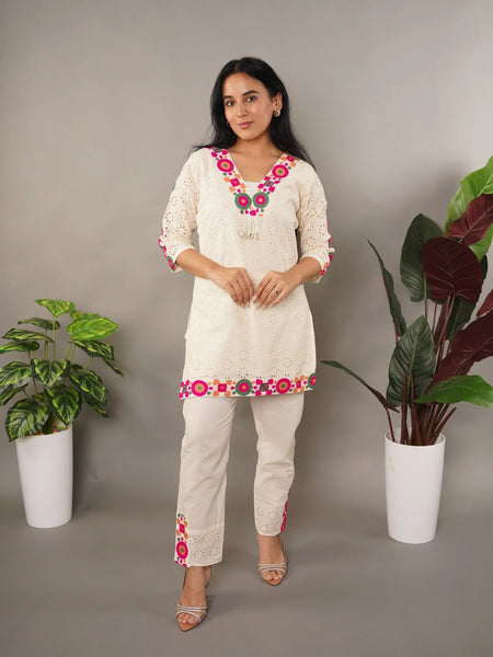 Schiffli Embroidered Pure Cotton Top With Trouser Co-ords