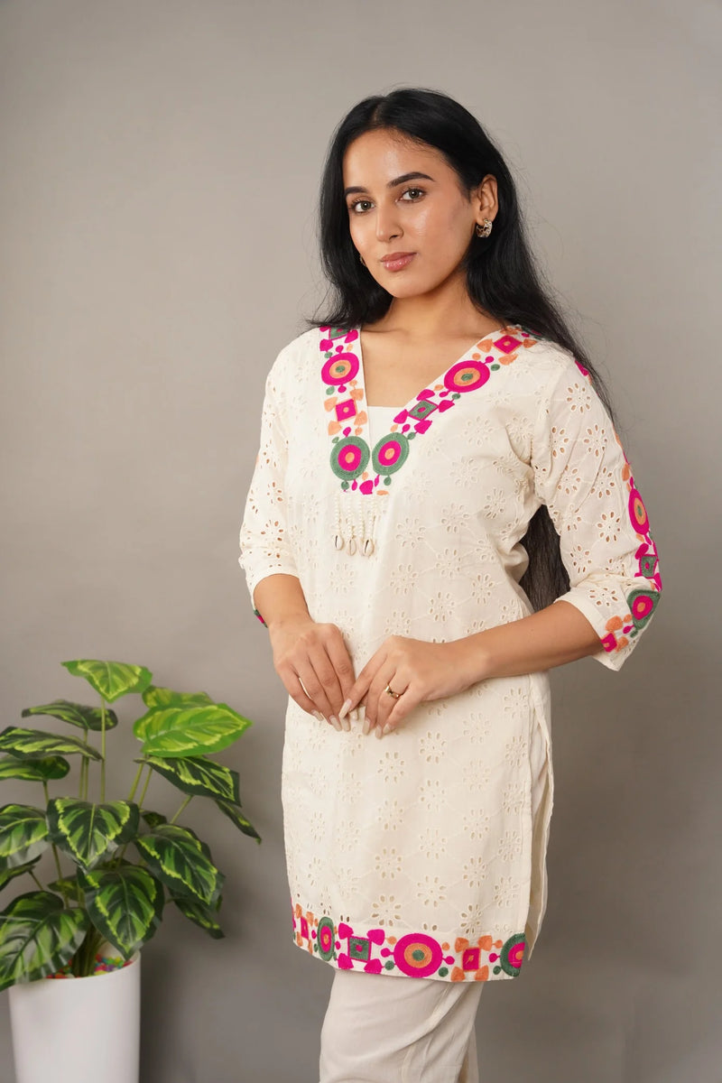 Schiffli Embroidered Pure Cotton Top With Trouser Co-ords