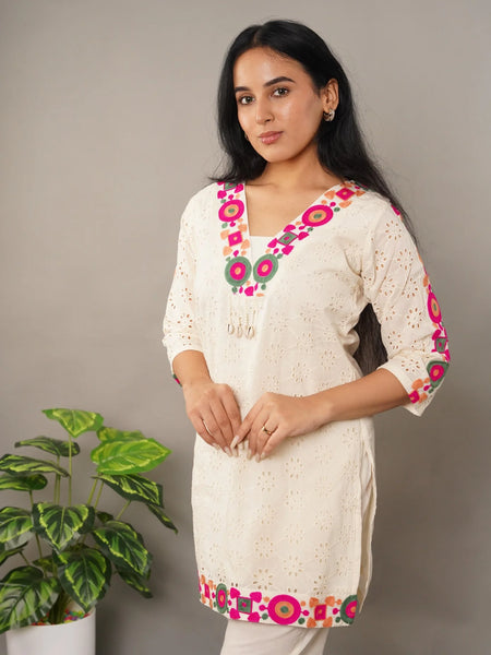 Schiffli Embroidered Pure Cotton Top With Trouser Co-ords