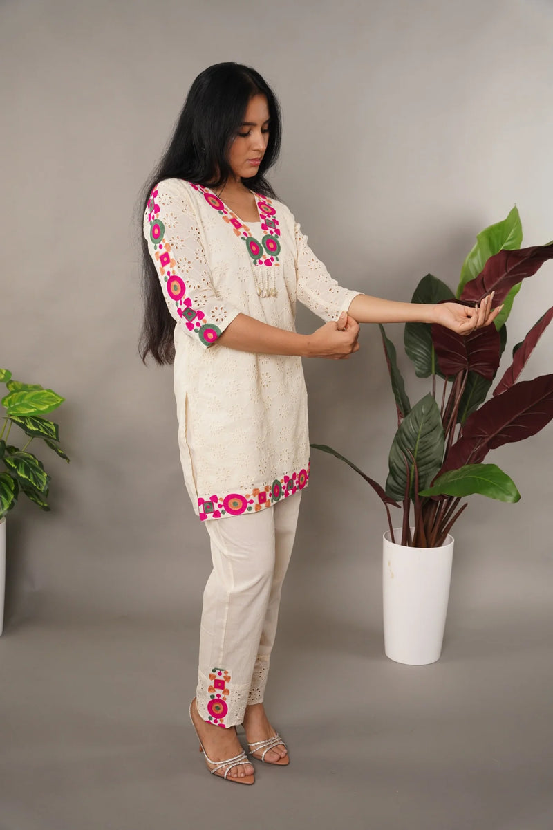Schiffli Embroidered Pure Cotton Top With Trouser Co-ords