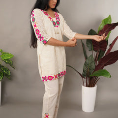 Schiffli Embroidered Pure Cotton Top With Trouser Co-ords