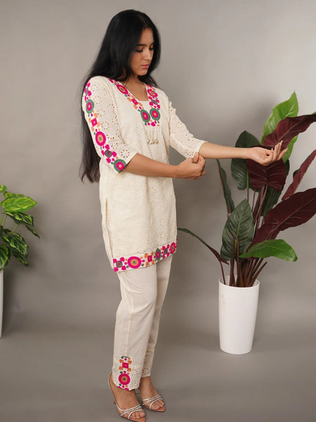 Schiffli Embroidered Pure Cotton Top With Trouser Co-ords