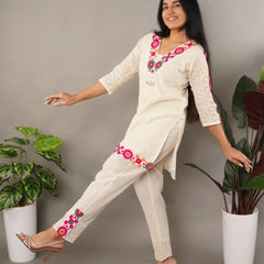Schiffli Embroidered Pure Cotton Top With Trouser Co-ords