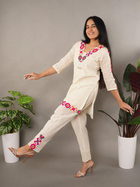 Schiffli Embroidered Pure Cotton Top With Trouser Co-ords