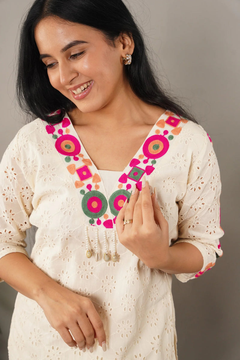 Schiffli Embroidered Pure Cotton Top With Trouser Co-ords