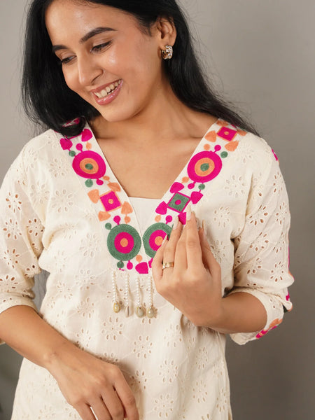 Schiffli Embroidered Pure Cotton Top With Trouser Co-ords