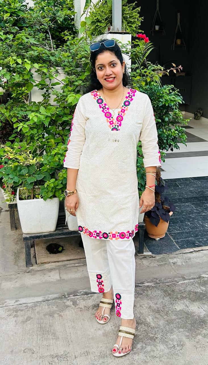 Schiffli Embroidered Pure Cotton Top With Trouser Co-ords