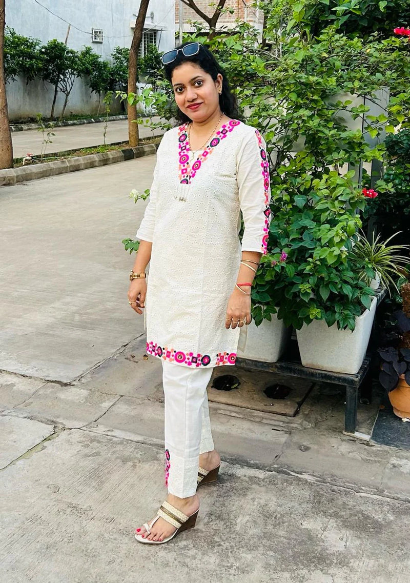 Schiffli Embroidered Pure Cotton Top With Trouser Co-ords