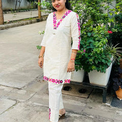 Schiffli Embroidered Pure Cotton Top With Trouser Co-ords