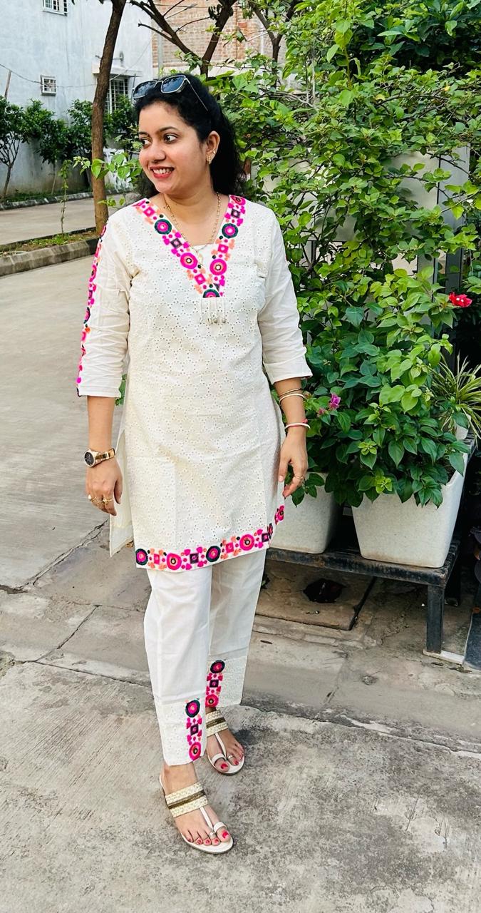 Schiffli Embroidered Pure Cotton Top With Trouser Co-ords