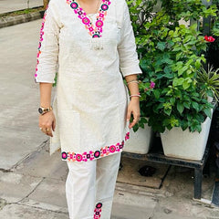 Schiffli Embroidered Pure Cotton Top With Trouser Co-ords
