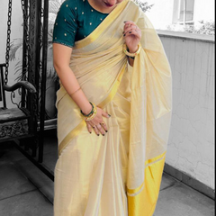 Cream Tissue Saree with Golden Jari Border