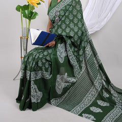 Green Handblock Printed Cotton Saree with Traditional Border