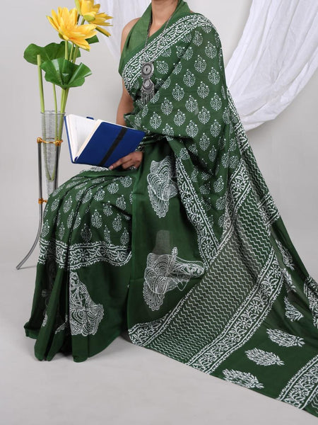 Green Handblock Printed Cotton Saree with Traditional Border