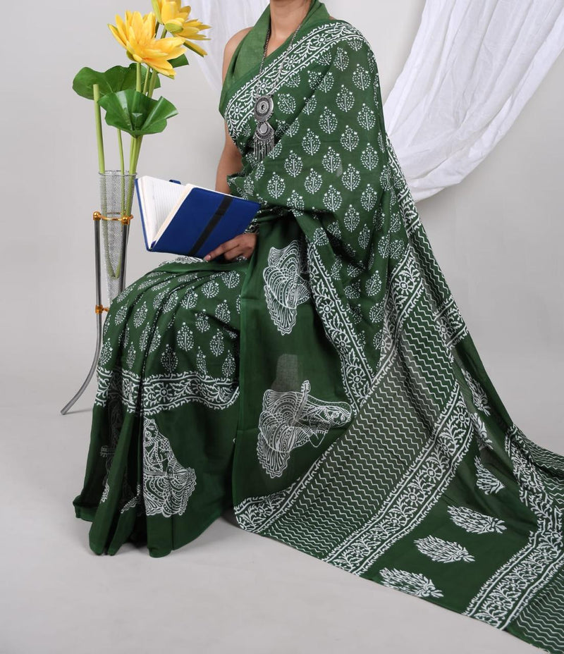 Green Handblock Printed Cotton Saree with Traditional Border