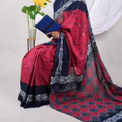 Navy Blue & Red Soft Cotton Printed Saree