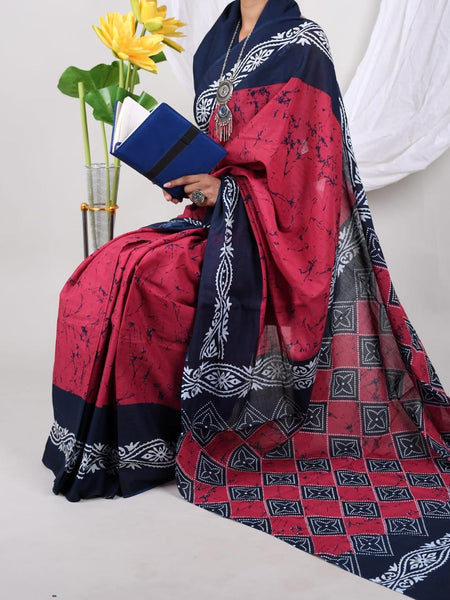 Navy Blue & Red Soft Cotton Printed Saree