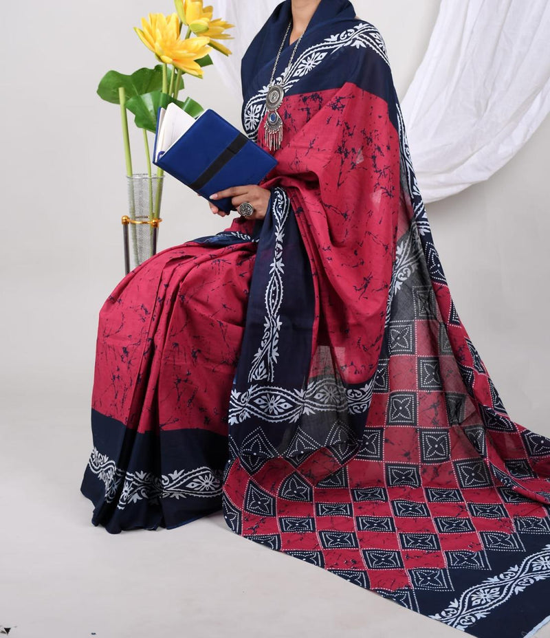 Navy Blue & Red Soft Cotton Printed Saree