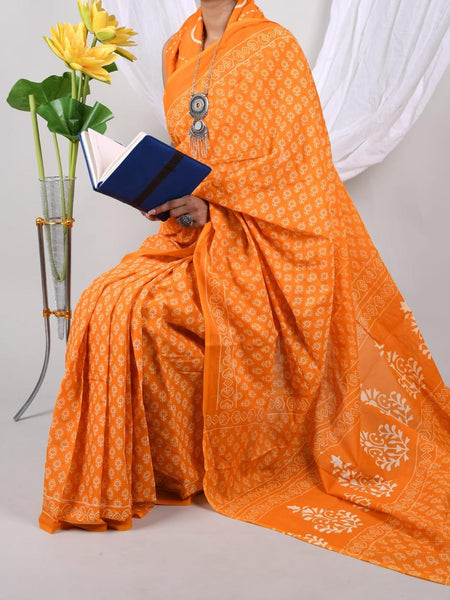 Orange Soft Cotton Printed Saree