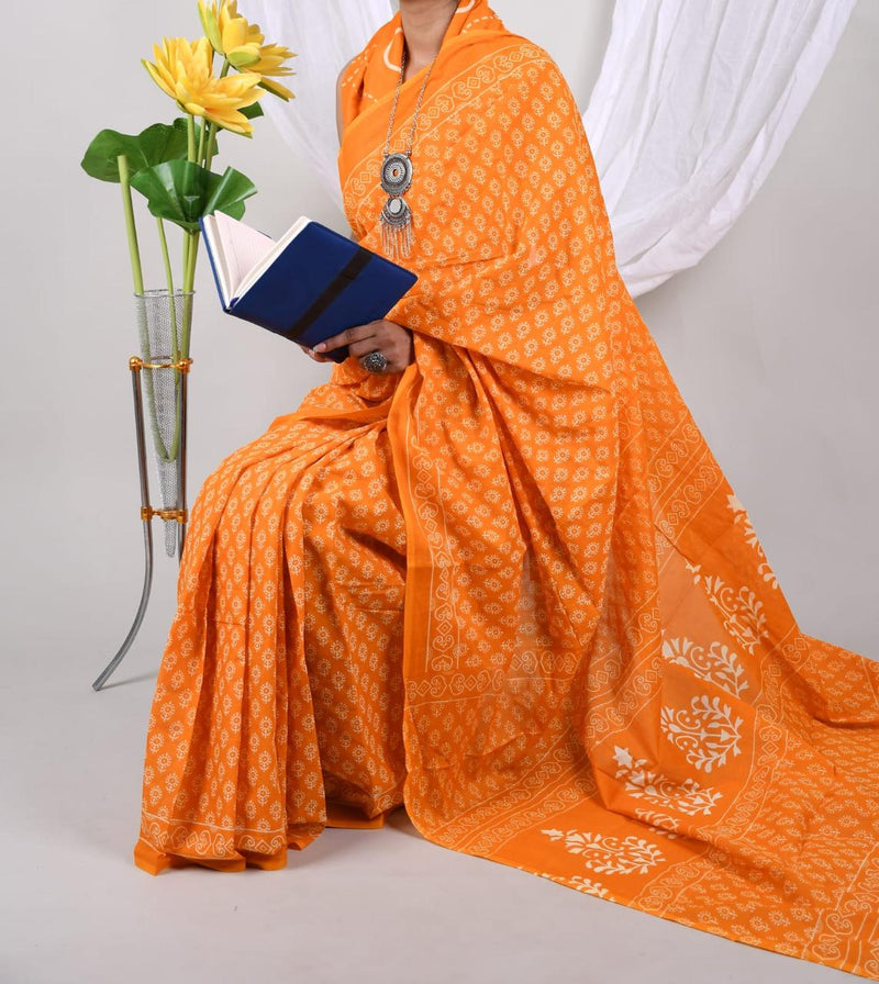 Orange Soft Cotton Printed Saree