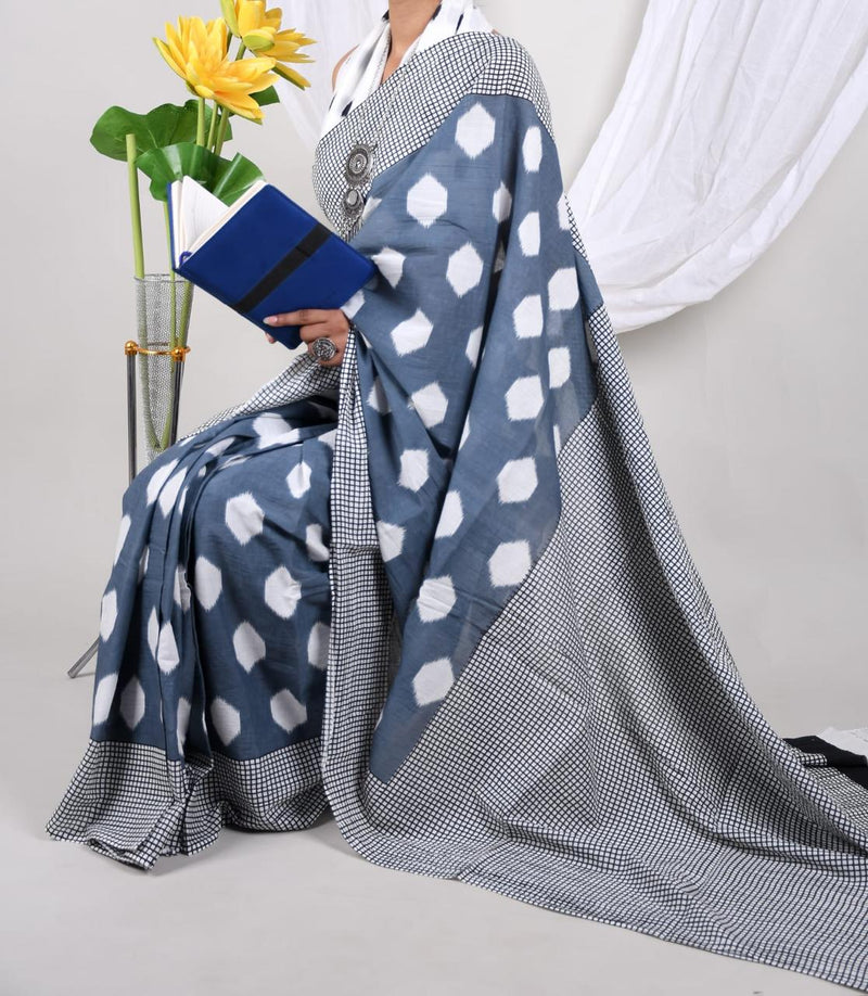 Steel Grey Soft Cotton Printed Saree