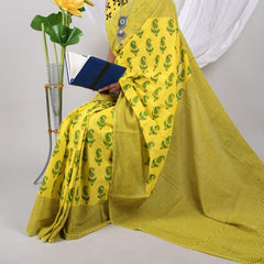 Yellow Soft Cotton Printed Saree