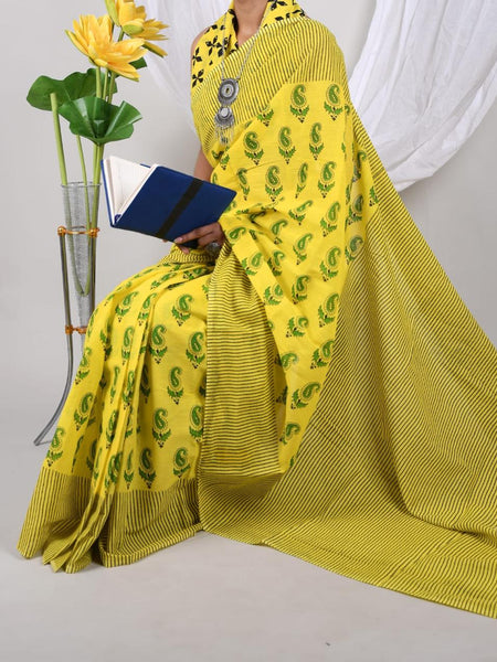 Yellow Soft Cotton Printed Saree