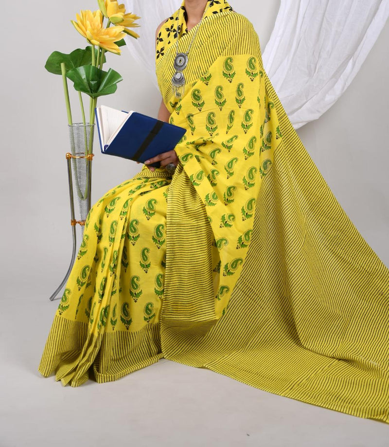 Yellow Soft Cotton Printed Saree